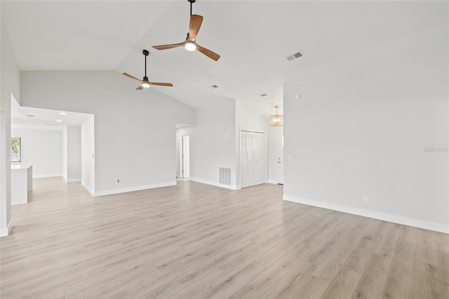 unfurnished living room featuring ceiling fan, light wood-type flooring, and high vaulted ceiling