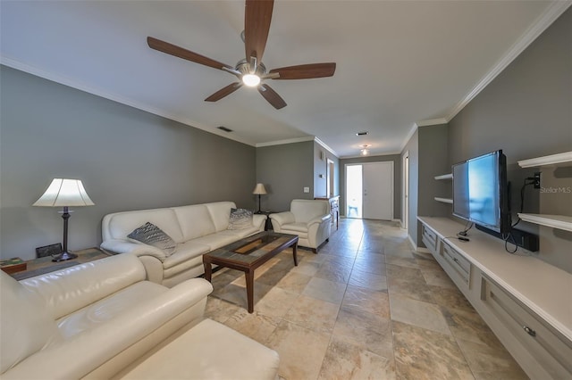 living room featuring ceiling fan and crown molding