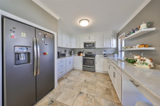 kitchen with crown molding, white cabinets, and appliances with stainless steel finishes