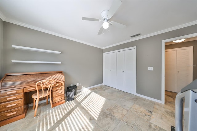 office area with ceiling fan and crown molding