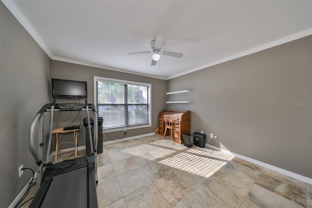 workout area featuring ceiling fan and ornamental molding