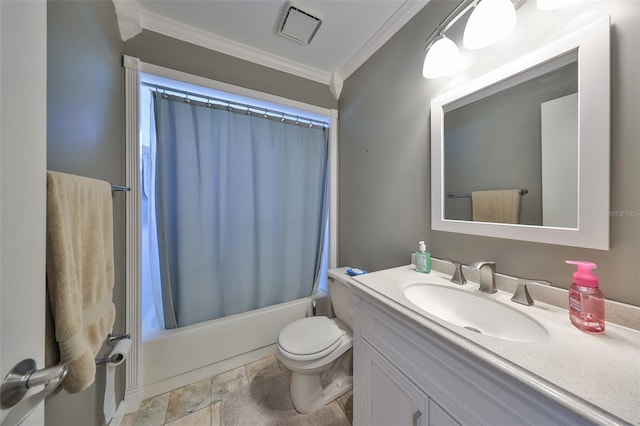 full bathroom with vanity, toilet, shower / bath combo with shower curtain, and crown molding