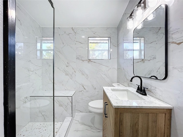 bathroom featuring vanity, toilet, and walk in shower