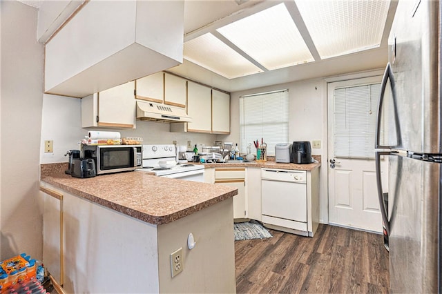 kitchen featuring kitchen peninsula, dark hardwood / wood-style flooring, and stainless steel appliances