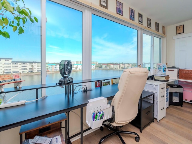 office area featuring light hardwood / wood-style floors and a water view