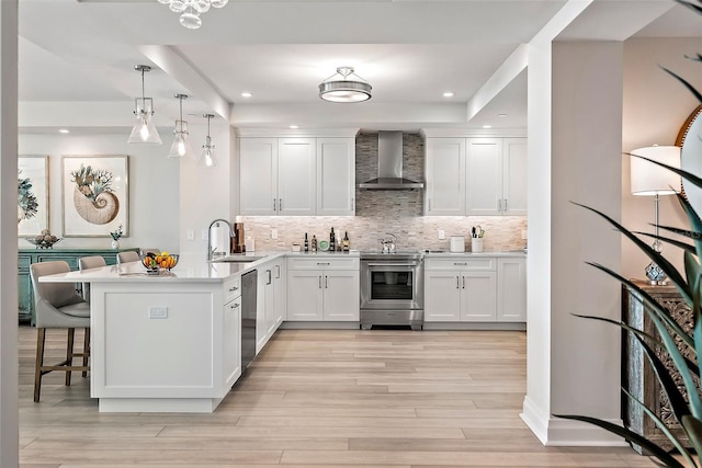 kitchen with kitchen peninsula, appliances with stainless steel finishes, sink, wall chimney range hood, and white cabinets