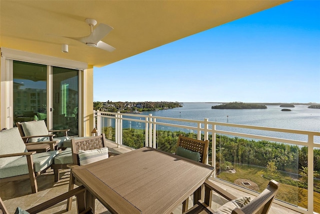 balcony featuring a water view and ceiling fan