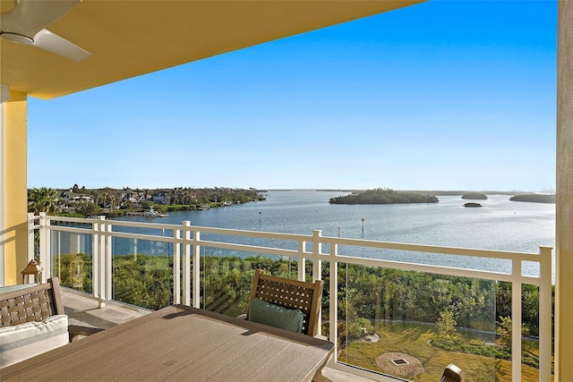 balcony featuring ceiling fan and a water view