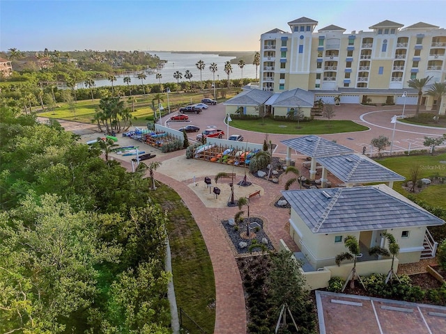 birds eye view of property featuring a water view