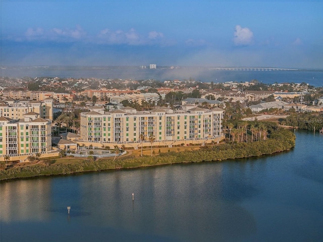 birds eye view of property featuring a water view