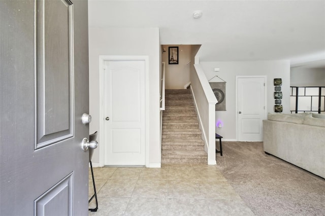 staircase featuring carpet floors