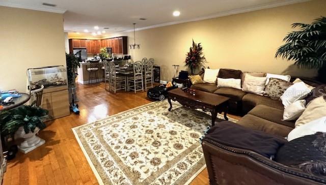 living room with crown molding and light hardwood / wood-style flooring