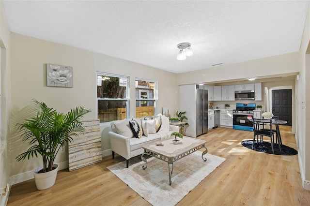 living room with a textured ceiling and light hardwood / wood-style flooring