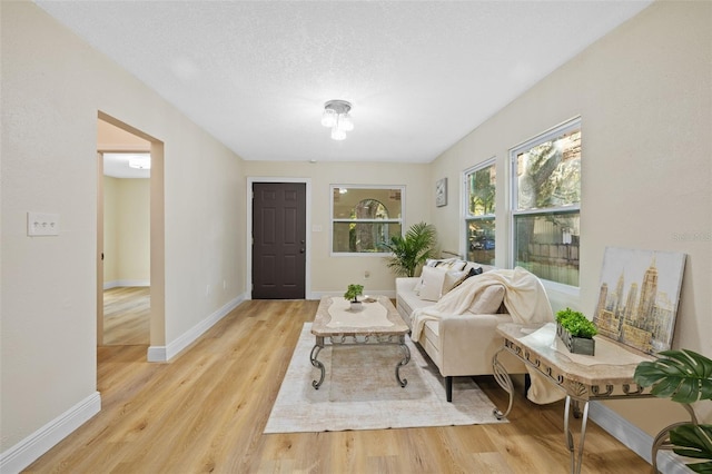 living room featuring a textured ceiling and light hardwood / wood-style flooring