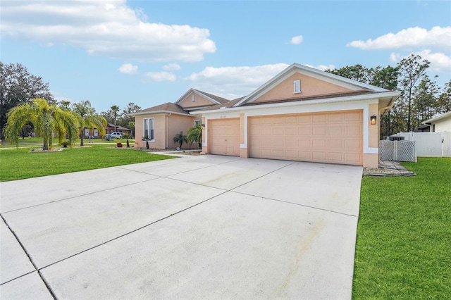 ranch-style house featuring a garage and a front yard