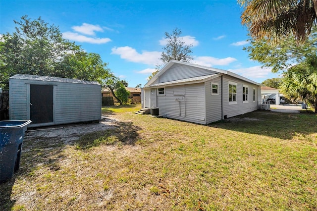 exterior space with a shed