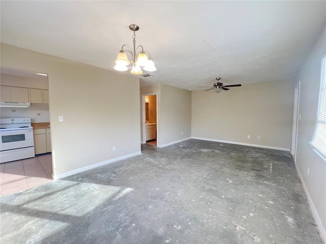 unfurnished living room with ceiling fan with notable chandelier