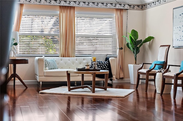 sitting room featuring dark wood-type flooring and a healthy amount of sunlight