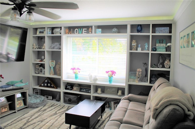 living room with a ceiling fan