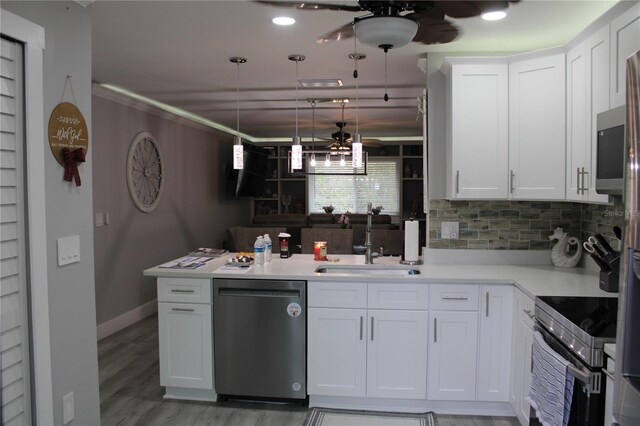 kitchen featuring a peninsula, a sink, stainless steel appliances, white cabinetry, and backsplash