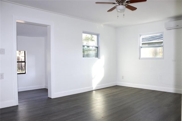 unfurnished room featuring a wall mounted air conditioner, dark hardwood / wood-style floors, and ceiling fan