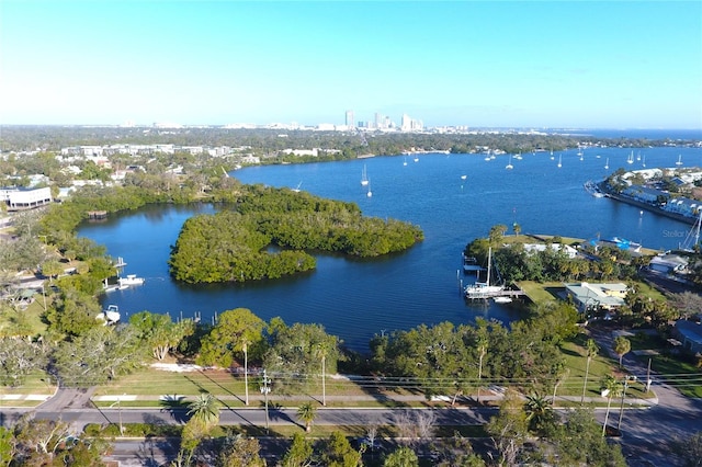 drone / aerial view featuring a water view