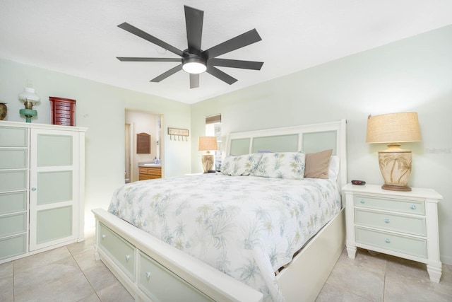 bedroom featuring ensuite bathroom and ceiling fan