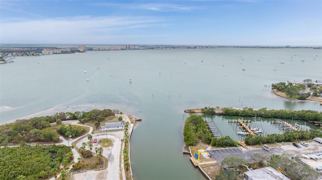 drone / aerial view featuring a water view