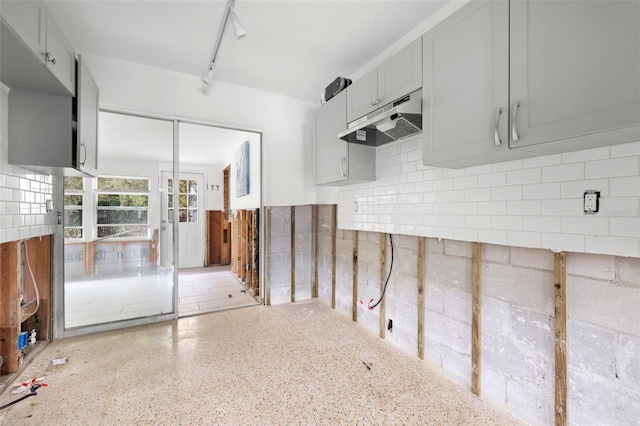 kitchen featuring tasteful backsplash, gray cabinetry, and track lighting