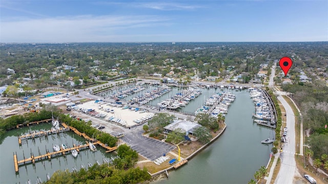 bird's eye view with a water view