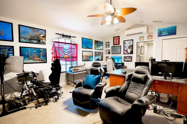 carpeted office featuring a wall unit AC, ceiling fan, and vaulted ceiling