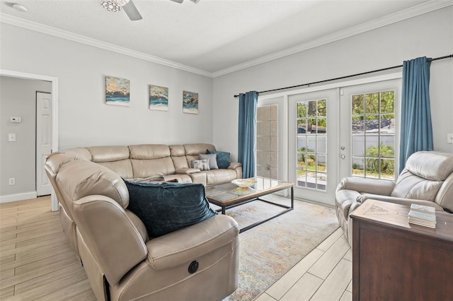 3611 19th St N, Saint Petersburg, FL 33713 - living room featuring crown molding, french doors, a ceiling fan, light wood-style flooring, and baseboards