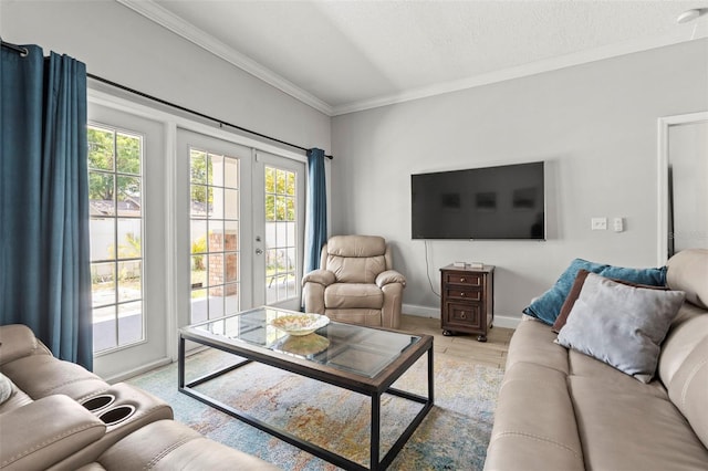 3611 19th St N, Saint Petersburg, FL 33713 - living area with french doors, crown molding, baseboards, light wood finished floors, and a textured ceiling