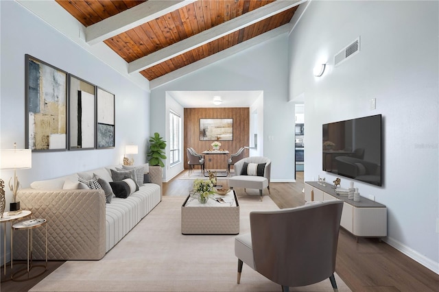 living room with beam ceiling, high vaulted ceiling, wooden ceiling, and hardwood / wood-style floors