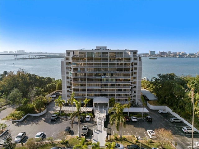 view of building exterior featuring a water view