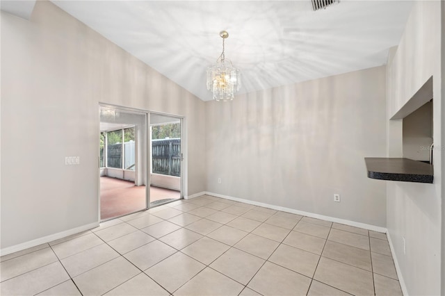 unfurnished dining area with light tile patterned floors, lofted ceiling, and an inviting chandelier