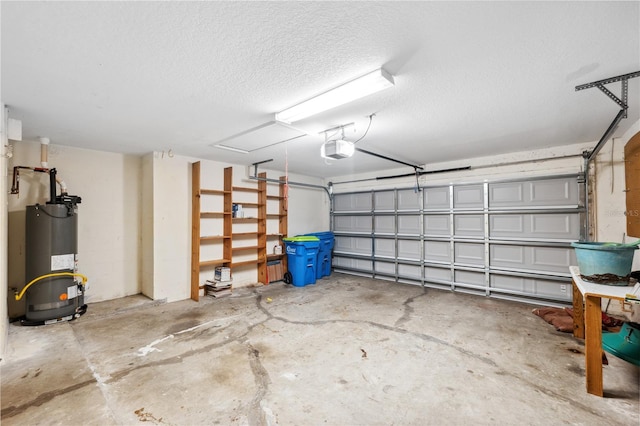 garage with gas water heater and a garage door opener