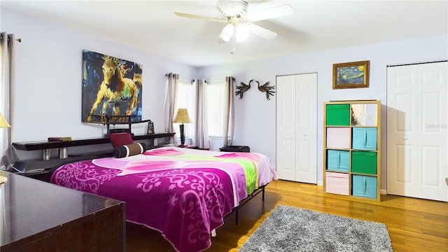 bedroom featuring ceiling fan and wood-type flooring