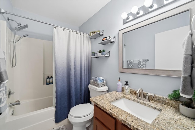 full bathroom with toilet, shower / bathtub combination with curtain, lofted ceiling, and vanity