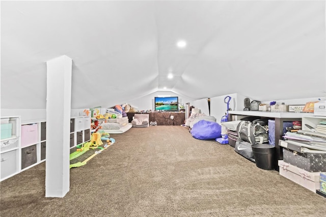 game room featuring carpet flooring and lofted ceiling