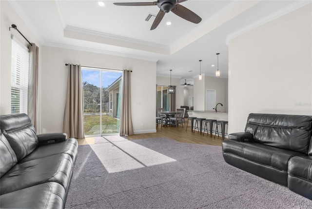 living room featuring a raised ceiling, ceiling fan, sink, and crown molding