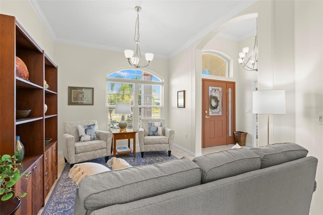 living room featuring ornamental molding and a chandelier