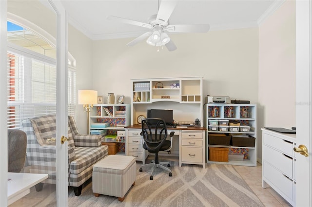 tiled office featuring ceiling fan and ornamental molding