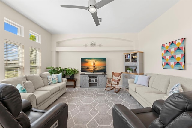 living room with ceiling fan