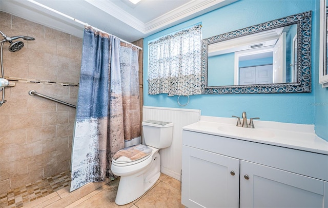 bathroom featuring walk in shower, ornamental molding, vanity, tile patterned flooring, and toilet