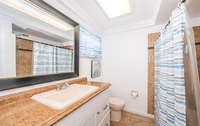 bathroom with curtained shower, tile patterned flooring, crown molding, toilet, and vanity