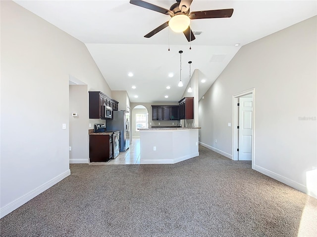 unfurnished living room with light carpet, ceiling fan, and lofted ceiling