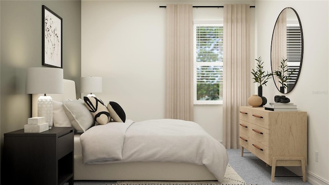 bedroom featuring light colored carpet