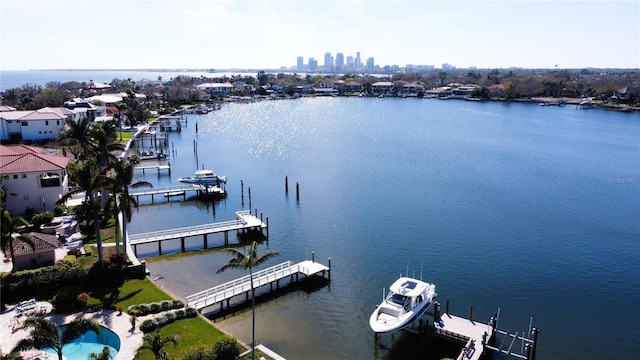 view of dock featuring a water view and a city view