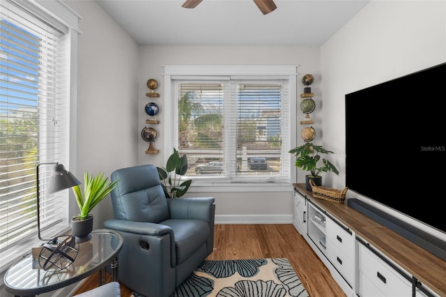 living area with ceiling fan and dark wood-type flooring